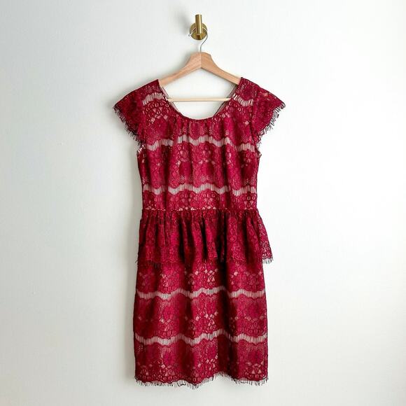 Anthropologie Maeve Elsa Lace Peplum Mini Sheath Dress Burgundy S - Picture 2 of 9